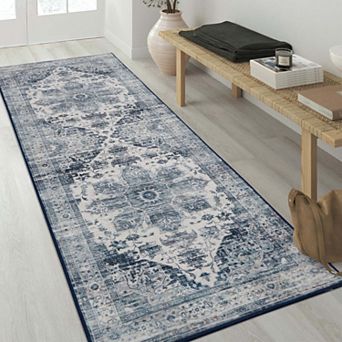Vintage Distressed Washable Area Rug-Anti-Slip Low Pile Indoor Accent Rug for Living Room Bedroom