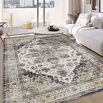 Vintage Distressed Washable Area Rug-Anti-Slip Low Pile Indoor Accent Rug for Living Room Bedroom