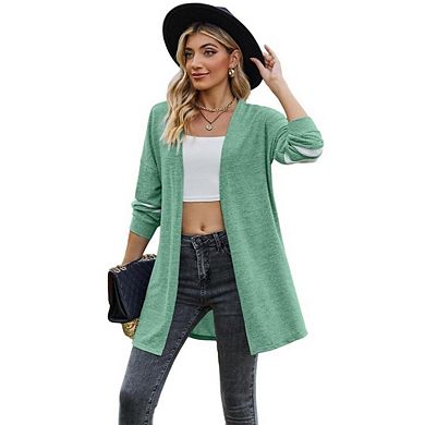Women Long Sleeve Open Front Sweater with Striped Sleeve Lightweight Cardigan