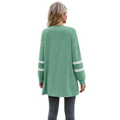 Women Long Sleeve Open Front Sweater with Striped Sleeve Lightweight Cardigan