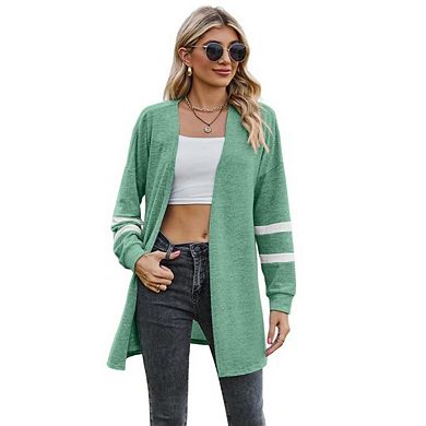 Women Long Sleeve Open Front Sweater with Striped Sleeve Lightweight Cardigan