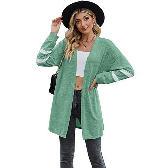 Women Long Sleeve Open Front Sweater with Striped Sleeve Lightweight Cardigan