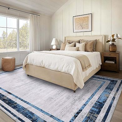 Modern Bordered Washable Area Rug-Non-Slip Contemporary Low Pile Stain Resistant Carpet for Home