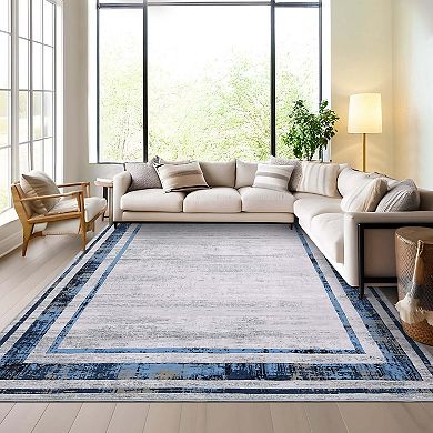 Modern Bordered Washable Area Rug-Non-Slip Contemporary Low Pile Stain Resistant Carpet for Home