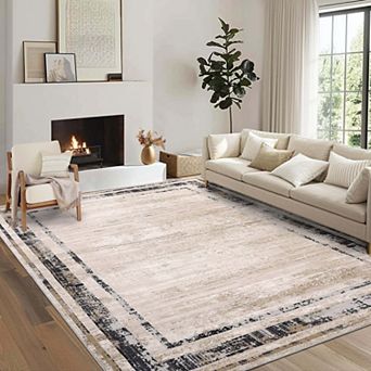 Modern Bordered Washable Area Rug-Non-Slip Contemporary Low Pile Stain Resistant Carpet for Home