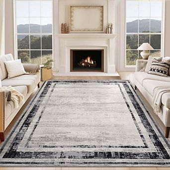 Modern Bordered Washable Area Rug-Non-Slip Contemporary Low Pile Stain Resistant Carpet for Home