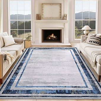 Modern Bordered Washable Area Rug-Non-Slip Contemporary Low Pile Stain Resistant Carpet for Home