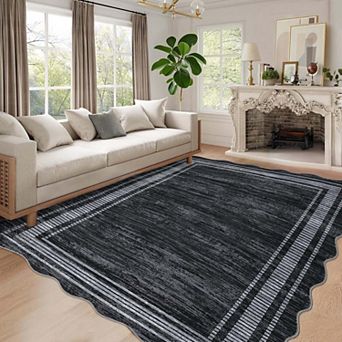 Modern Abstract Scalloped Washable Area Rug-Non-Slip Low Pile Stain Resistant for Living Room