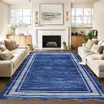 Modern Abstract Scalloped Washable Area Rug-Non-Slip Low Pile Stain Resistant for Living Room