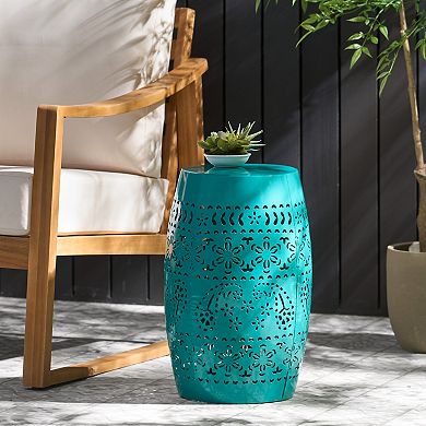 Metal Accent Table, 12.25" Barrel Side Table with Iron Frame for Indoor & Outdoor Use