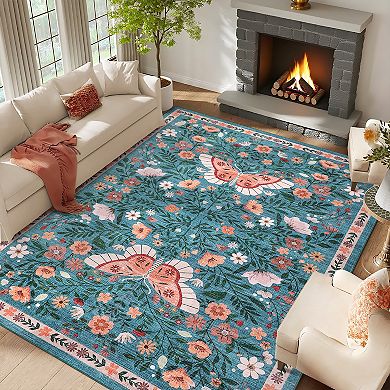Washable Rug Farmhouse Living Room Rug with Non Slip TPR Backing
