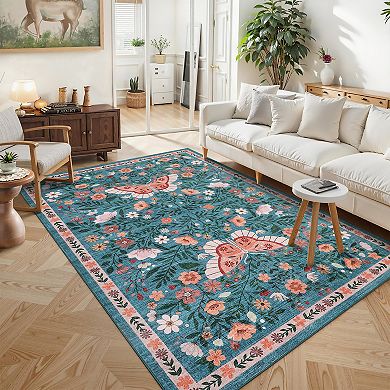 Washable Rug Farmhouse Living Room Rug with Non Slip TPR Backing