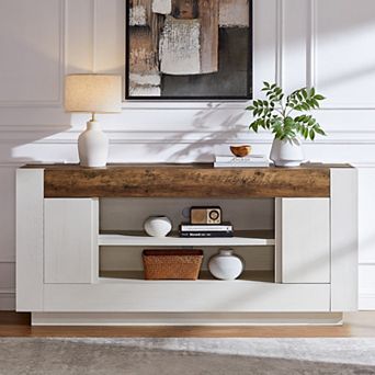 Farmhouse TV Stand for TVs Up to 80", Modern Entertainment Center with Storage Cabinets & Open Shelf