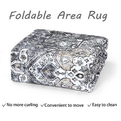 Boho Medallion Distressed Area Rug, Anti-Slip Non-Shedding Foldable Thin Carpet for Living Room