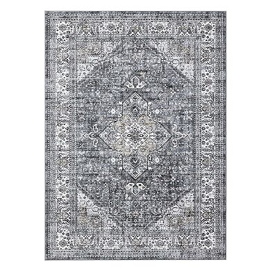 Boho Medallion Distressed Area Rug, Anti-Slip Non-Shedding Foldable Thin Carpet for Living Room