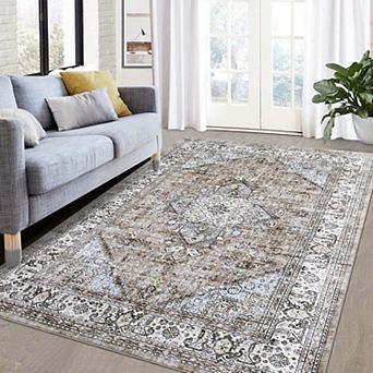 Boho Medallion Distressed Area Rug, Anti-Slip Non-Shedding Foldable Thin Carpet for Living Room