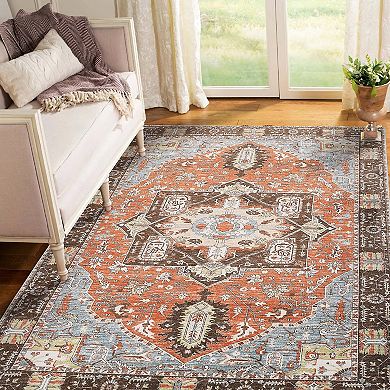 Vintage Oriental Boho Washable Runner Rug, Non-Slip Indoor Rug for Hallway Entryway Kitchen Bedroom