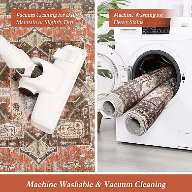 Vintage Oriental Boho Washable Runner Rug, Non-Slip Indoor Rug for Hallway Entryway Kitchen Bedroom