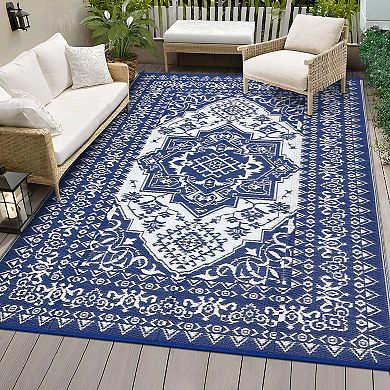 Dark Waterproof Reversible Plastic Straw Rug, Indoor Outdoor Mat for Patio Balcony Deck Backyard