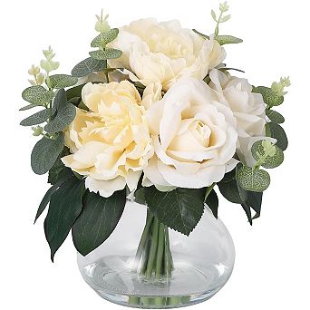Artificial Roses & Peonies in Glass Vase with Faux Water for Wedding Centerpieces