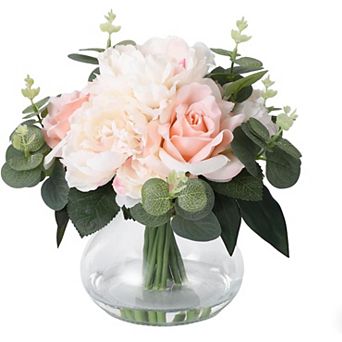 Artificial Roses & Peonies in Glass Vase with Faux Water for Wedding Centerpieces