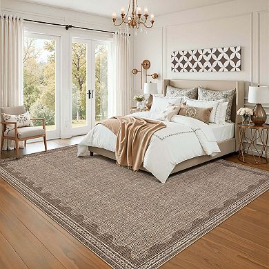 Modern Area Rug Washable Low Pile Non-Slip Solid Carpet with Border for Bedroom Living Room Office