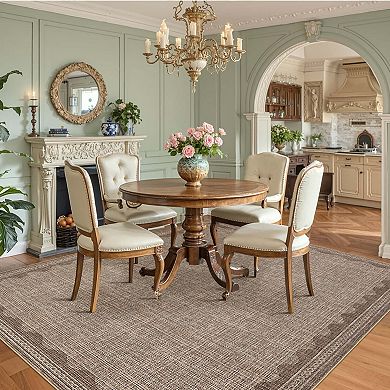 Modern Area Rug Washable Low Pile Non-Slip Solid Carpet with Border for Bedroom Living Room Office