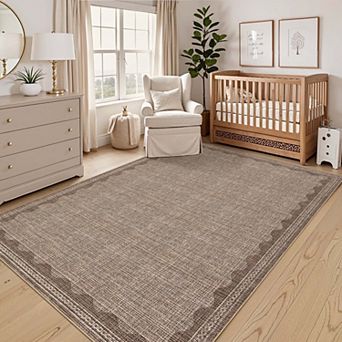 Modern Area Rug Washable Low Pile Non-Slip Solid Carpet with Border for Bedroom Living Room Office