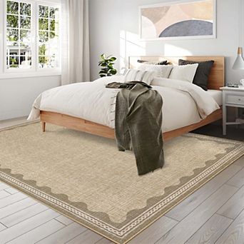 Modern Area Rug Washable Low Pile Non-Slip Solid Carpet with Border for Bedroom Living Room Office
