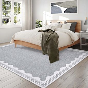 Modern Area Rug Washable Low Pile Non-Slip Solid Carpet with Border for Bedroom Living Room Office