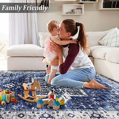 Washable Medallion Area Rug-Non-Slip Low Pile Foldable Soft Floor Mat for Dining Room Home Office