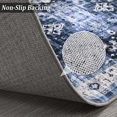Washable Medallion Area Rug-Non-Slip Low Pile Foldable Soft Floor Mat for Dining Room Home Office