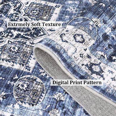 Washable Medallion Area Rug-Non-Slip Low Pile Foldable Soft Floor Mat for Dining Room Home Office