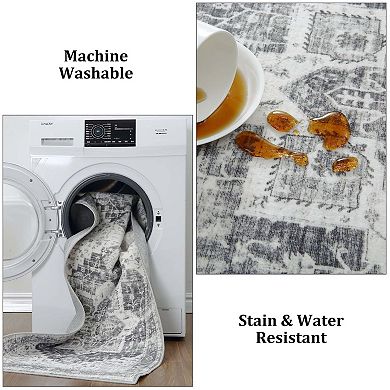 Washable Medallion Area Rug-Non-Slip Low Pile Foldable Soft Floor Mat for Dining Room Home Office