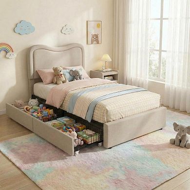 Bed Frame with LED Headboard & 2 Storage Drawers - Upholstered Boucle Platform, No Box Spring Needed