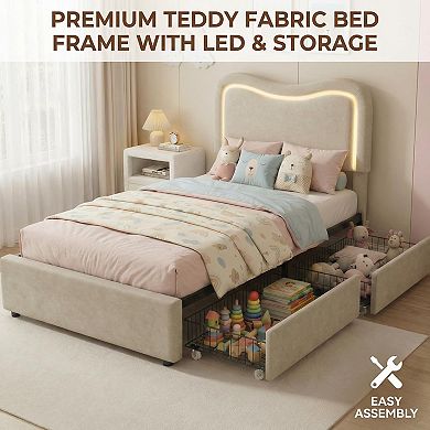 Bed Frame with LED Headboard & 2 Storage Drawers - Upholstered Boucle Platform, No Box Spring Needed