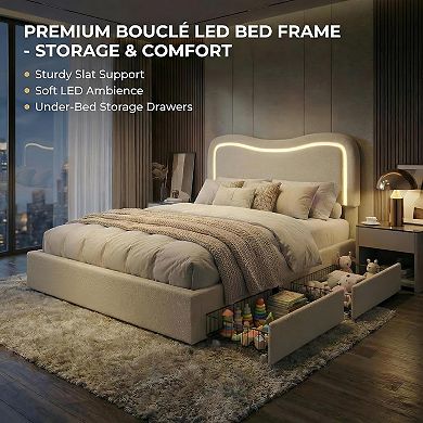 Bed Frame with LED Headboard & 2 Storage Drawers - Upholstered Boucle Platform, No Box Spring Needed