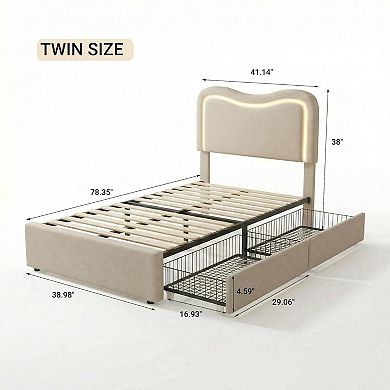 Bed Frame with LED Headboard & 2 Storage Drawers - Upholstered Boucle Platform, No Box Spring Needed