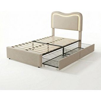 Bed Frame with LED Headboard & 2 Storage Drawers - Upholstered Boucle Platform, No Box Spring Needed