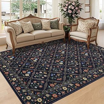 Bordered Farmhouse Floral Print Washable Area Rug-Non-Slip Stain Resistant Low Pile for Living Room