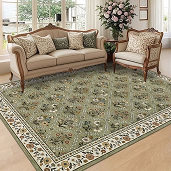 Bordered Farmhouse Floral Print Washable Area Rug-Non-Slip Stain Resistant Low Pile for Living Room