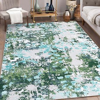 Colorful Boho Modern Abstract Washable Area Rug, Non-Slip Low Pile Carpet for Living Room Bedroom