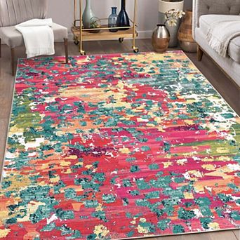 Colorful Boho Modern Abstract Washable Area Rug, Non-Slip Low Pile Carpet for Living Room Bedroom