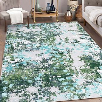Colorful Boho Modern Abstract Washable Area Rug, Non-Slip Low Pile Carpet for Living Room Bedroom