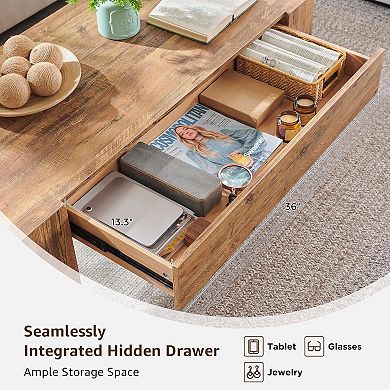 48" Modern Coffee Table with Hidden Storage Drawer, Rustic Wood Living Room Center Table