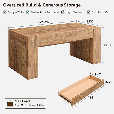 48" Modern Coffee Table with Hidden Storage Drawer, Rustic Wood Living Room Center Table
