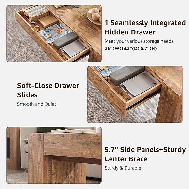 48" Modern Coffee Table with Hidden Storage Drawer, Rustic Wood Living Room Center Table