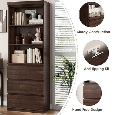 Bookcase with 3 Storage Drawers Tall Bookshelf Open Shelf Morden Storage