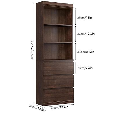 Bookcase with 3 Storage Drawers Tall Bookshelf Open Shelf Morden Storage