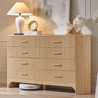 Fluted 8-Drawer Dresser, 55" Wide Curved Storage Cabinet for Bedroom Living Room
